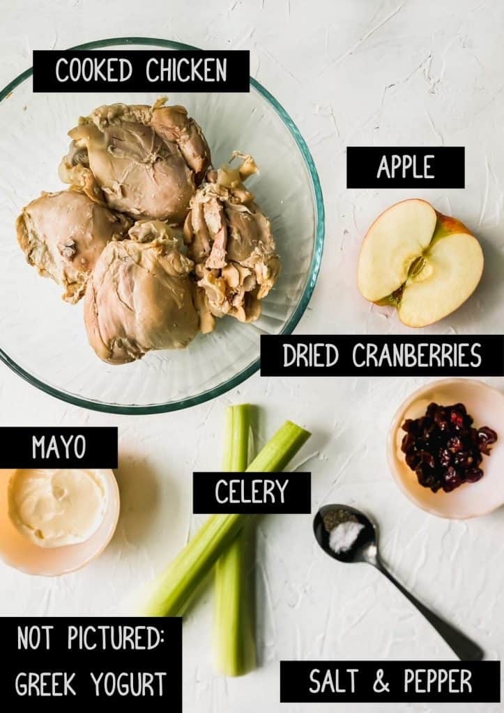 Labelled ingredients for chicken salad, see recipe for details