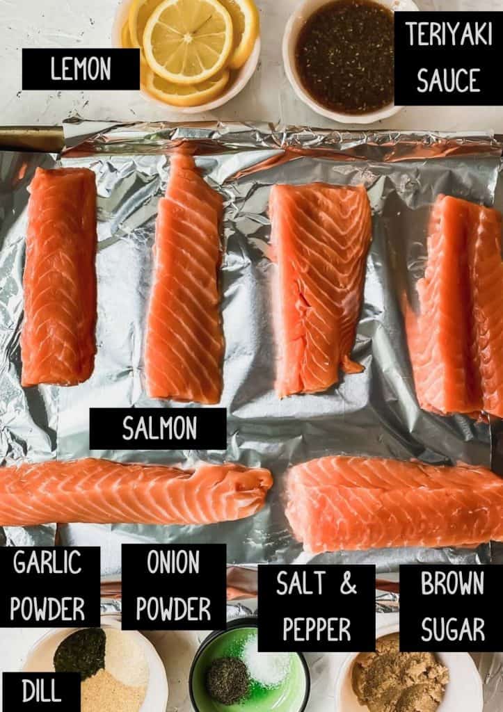 Ingredients for baked teriyaki salmon (see recipe for details)